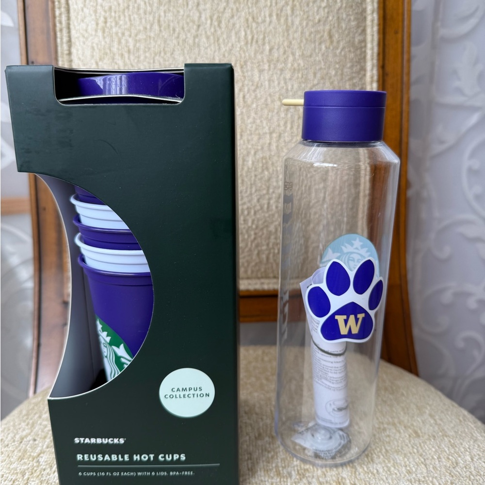 NWT Starbucks Limited Edition Campus Huskies UW Reusable HotCups and WaterBottle